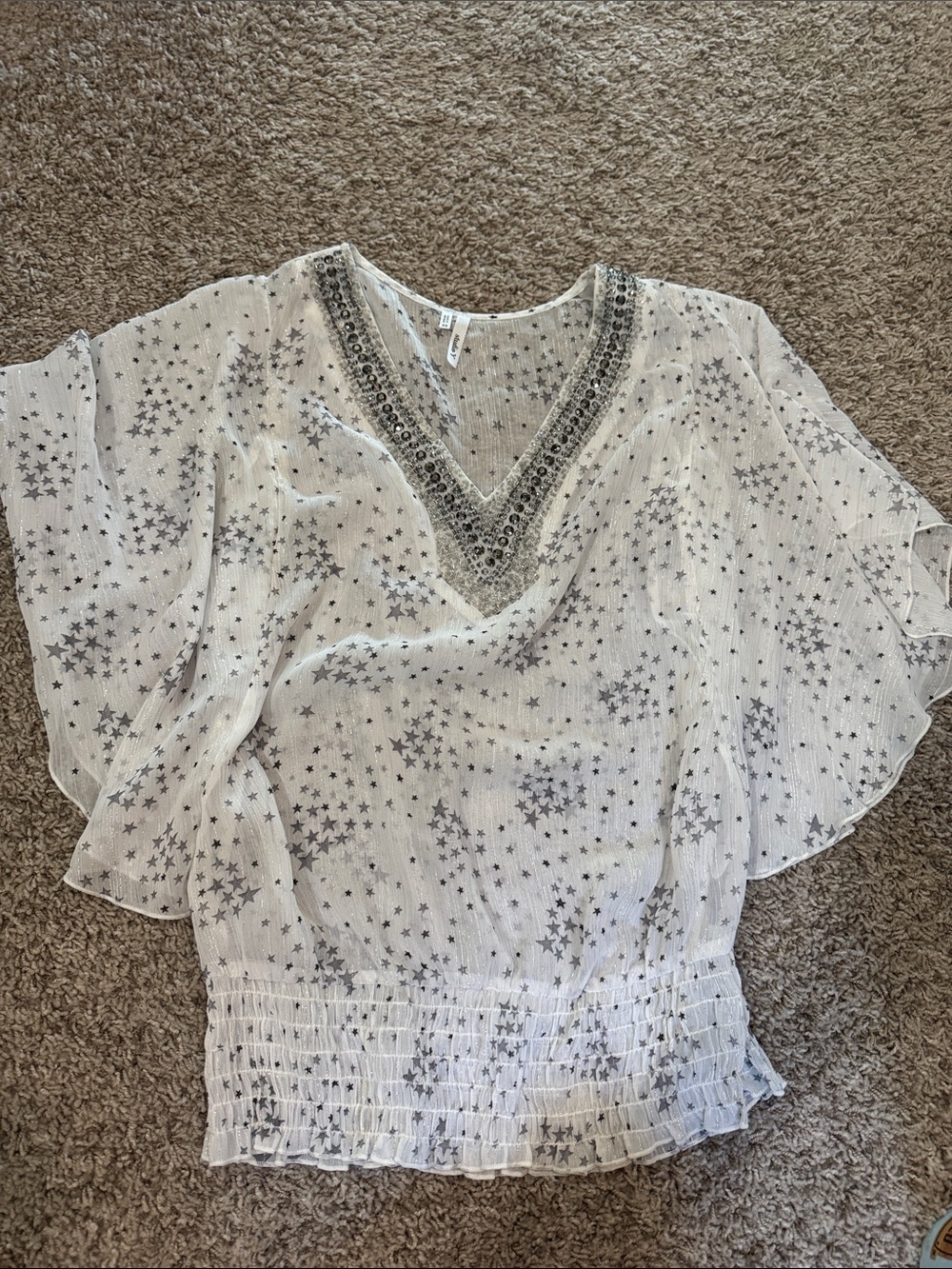 Studio Y Ivory Star-Print V-Neck Blouse with Embellished Trim